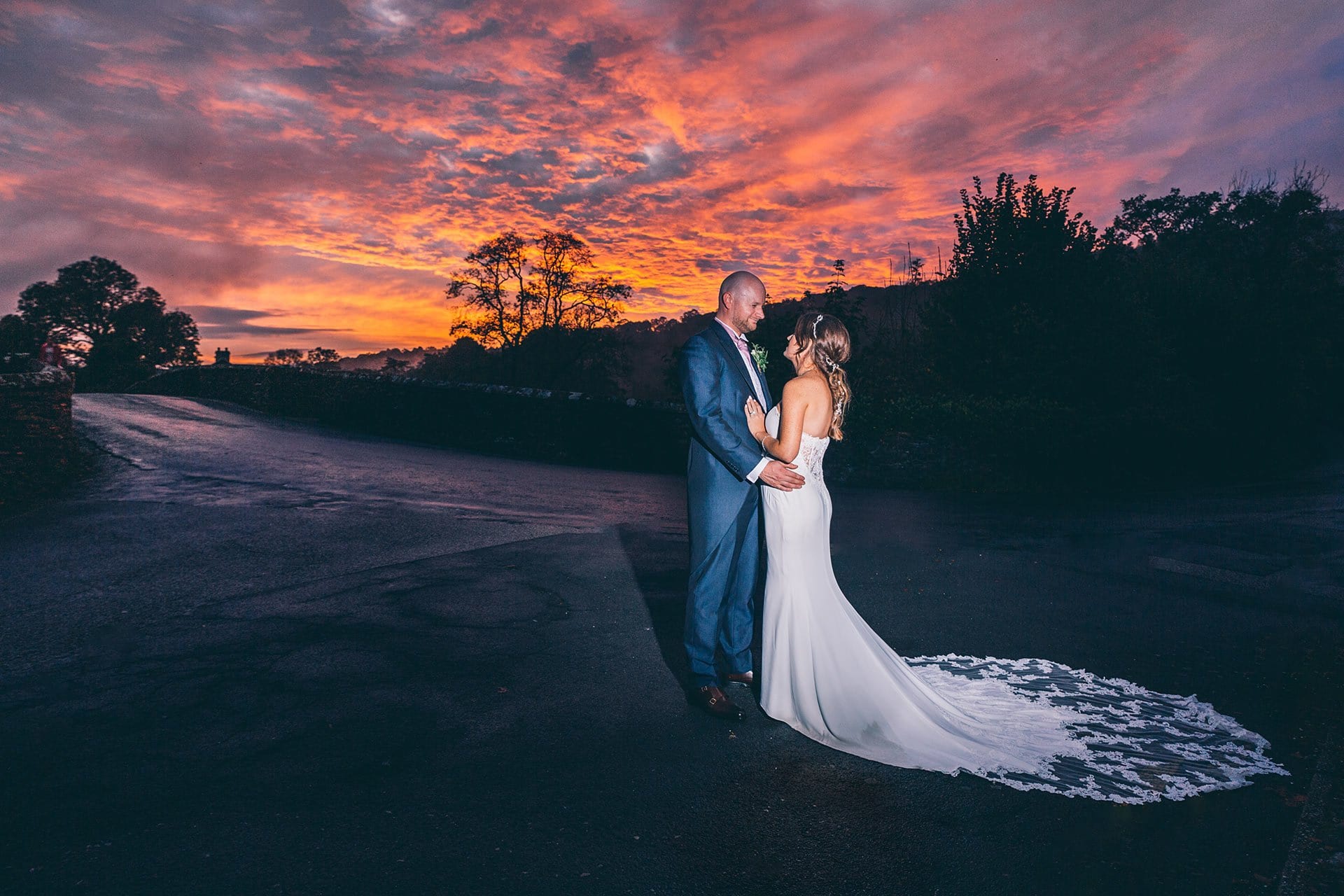Bride and Groom with sunset, Lancashire Wedding Photography
