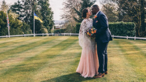 Bride and Groom on the helipad at Broadoaks Country House
